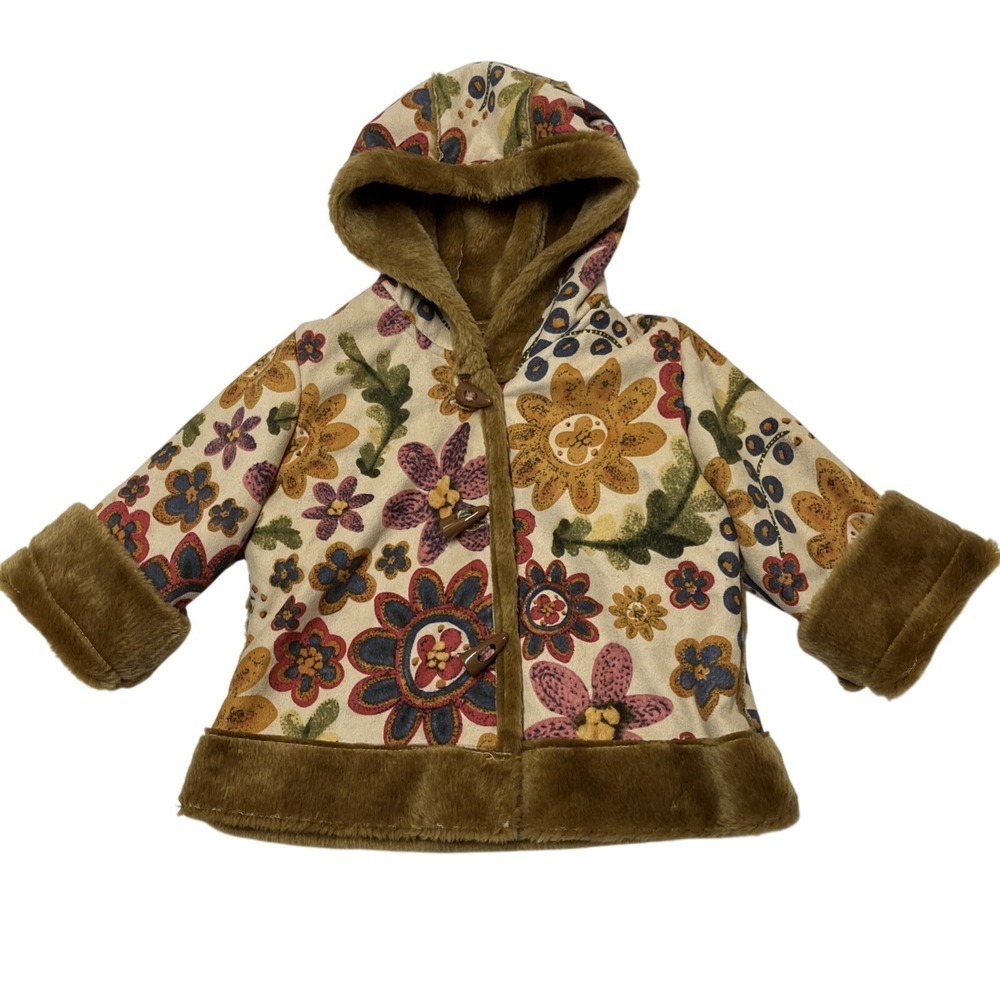 Vintage BT Kids Brown Floral Faux Fur Lined Jacket Coat Hooded Size 2T Retro